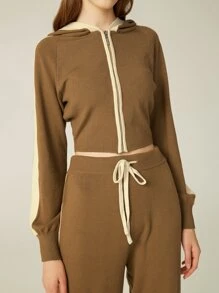 SHEIN Hooded Contrast Binding Crop Cardigan - Camel - View 7