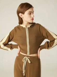 SHEIN Hooded Contrast Binding Crop Cardigan - Camel - View 8