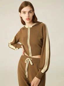 SHEIN Hooded Contrast Binding Crop Cardigan - Camel - View 9