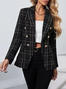 Chiquease Double Breasted Plaid Tweed Blazer - Black - View 1