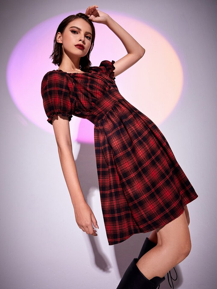 Our Plaid Print Puff Sleeve A Line Dress is such a vibe - ROMWE