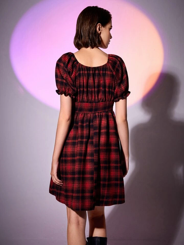 Our Plaid Print Puff Sleeve A Line Dress is such a vibe - ROMWE