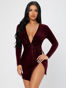 SHEIN PETITE 前扭結圍裹絲絨洋裝 - 酒紅色 - 查看 1