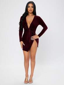 SHEIN PETITE 前扭結圍裹絲絨洋裝 - 酒紅色 - 查看 3