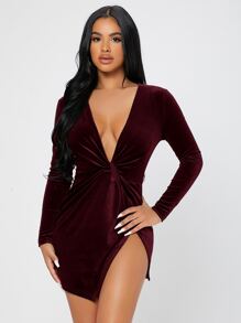 SHEIN PETITE 前扭結圍裹絲絨洋裝 - 酒紅色 - 查看 5