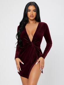 SHEIN PETITE 前扭結圍裹絲絨洋裝 - 酒紅色 - 查看 6