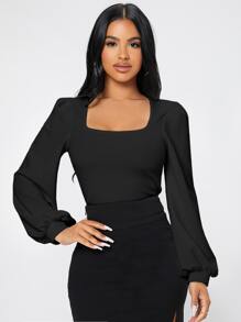 SHEIN PETITE Square Neck Lantern Sleeve Tee - Black - View 2