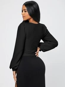 SHEIN PETITE Square Neck Lantern Sleeve Tee - Black - View 3