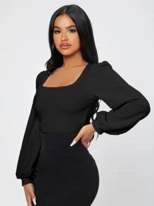 SHEIN PETITE Square Neck Lantern Sleeve Tee - Black - View 6