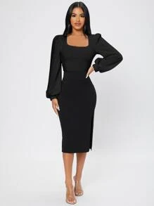 SHEIN PETITE Square Neck Lantern Sleeve Tee - Black - View 7