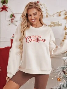 Pullover de hombros caídos con estampado de slogan - Beis - Ver 1