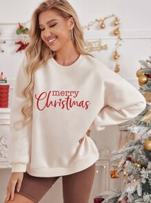 Pullover de hombros caídos con estampado de slogan - Beis - Ver 3