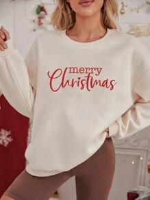 Pullover de hombros caídos con estampado de slogan - Beis - Ver 4