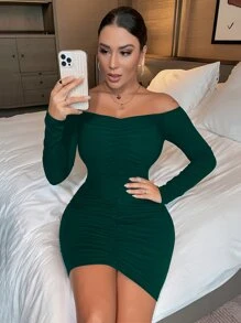 SHEIN Allurite 一字肩褶邊緊身洋裝 - 墨綠色 - 查看 3