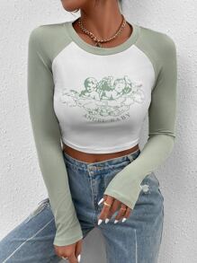 SHEIN Unity Camiseta béisbol corta con estampado de figura y letra de manga raglán - Multicolor - Ver 1