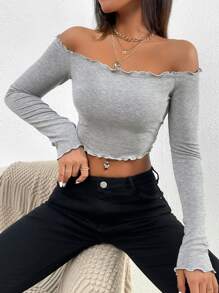 SHEIN Unity Solid Off Shoulder Lettuce Trim Tee - Light Grey - View 1