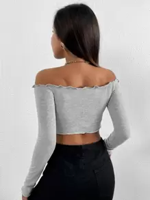 SHEIN Unity Solid Off Shoulder Lettuce Trim Tee - Light Grey - View 2