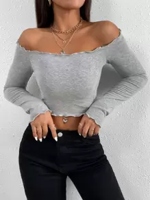 SHEIN Unity Solid Off Shoulder Lettuce Trim Tee - Light Grey - View 3