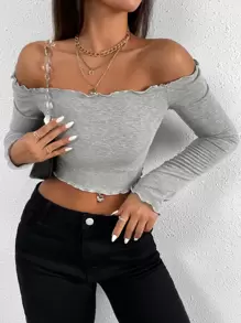 SHEIN Unity Solid Off Shoulder Lettuce Trim Tee - Light Grey - View 6