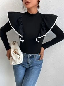 Almamuse Contrast Binding Ruffle Trim Bodysuit Fall Cloth For Women - Black - View 3