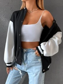 SHEIN Unity Letter Graphic Striped Trim Colour Block Drop Shoulder Bomber Jacket - Black - View 2