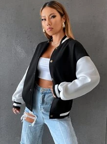 SHEIN Unity Letter Graphic Striped Trim Colour Block Drop Shoulder Bomber Jacket - Black - View 4