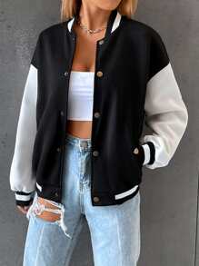 SHEIN Unity Letter Graphic Striped Trim Colour Block Drop Shoulder Bomber Jacket - Black - View 5