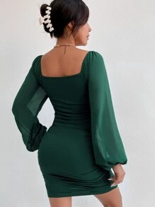 SHEIN Privé 燈籠袖鏤空緊身連衣裙 - 墨綠色 - 查看 2