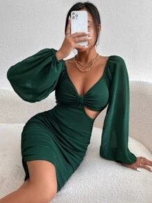 SHEIN Privé 燈籠袖鏤空緊身連衣裙 - 墨綠色 - 查看 5