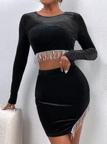 亮片流蘇邊短款絲絨上衣和不對稱下擺包臀半身裙 - 黑色 - 查看 3