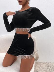 亮片流蘇邊短款絲絨上衣和不對稱下擺包臀半身裙 - 黑色 - 查看 4