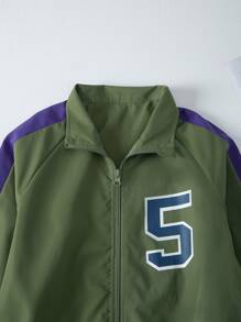 Boys Number Graphic Contrast Side Seam Raglan Sleeve Jacket - Army Green - View 5