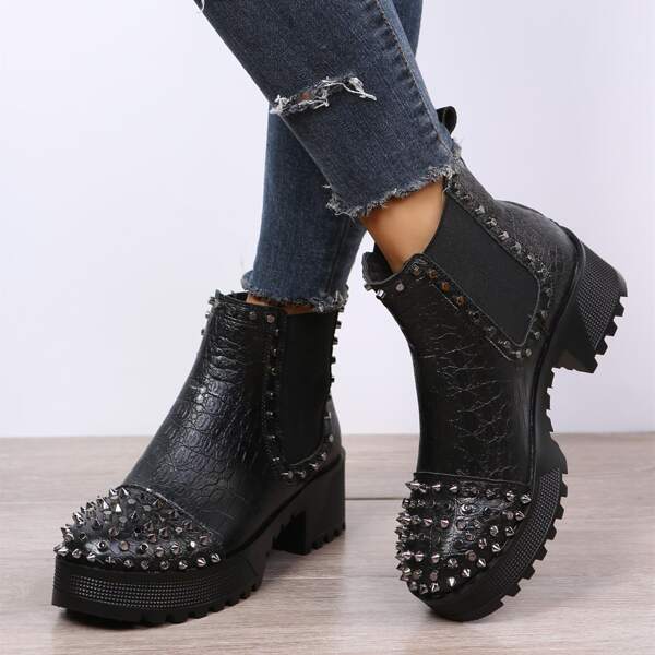 

Studded Decor Crocodile Embossed Chelsea Boots, Black
