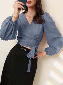 Modelyn Áo sơ mi nữ Trọn gói Thắt nơ trước màu trơn Thanh lịch - Màu xanh bụi bặm - Xem 1