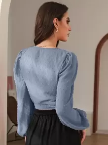 Modelyn Áo sơ mi nữ Trọn gói Thắt nơ trước màu trơn Thanh lịch - Màu xanh bụi bặm - Xem 2