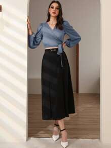 Modelyn Áo sơ mi nữ Trọn gói Thắt nơ trước màu trơn Thanh lịch - Màu xanh bụi bặm - Xem 3