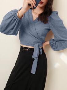 Modelyn Áo sơ mi nữ Trọn gói Thắt nơ trước màu trơn Thanh lịch - Màu xanh bụi bặm - Xem 5