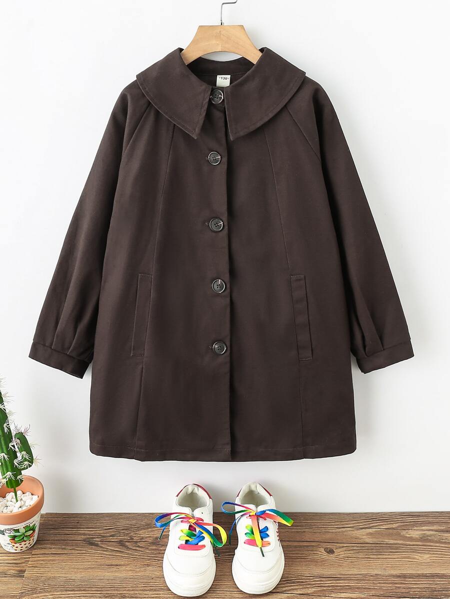 Niñas Gabardina de manga raglán con botón - Marrón Chocolate - Ver 1