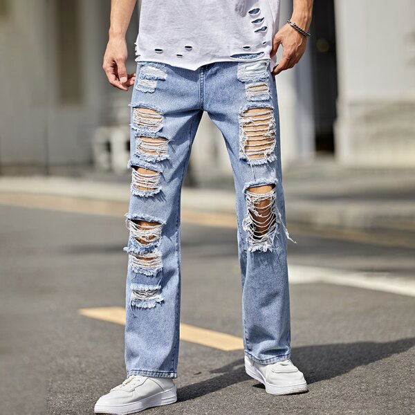 

Men Solid Ripped Straight Leg Jeans, Light wash