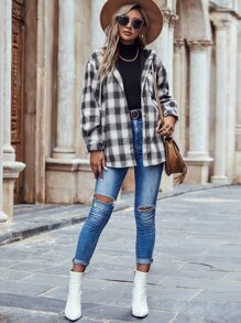 SHEIN LUNE Plaid Single Breasted Drawstring Thermal Lined Hooded Coat - Blue - View 3