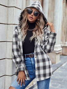 SHEIN LUNE Plaid Single Breasted Drawstring Thermal Lined Hooded Coat - Blue - View 4