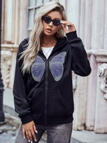 Áo hoodie ấm áp In bướm Thả vai Dây kéo - màu đen - Xem 1