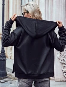 Áo hoodie ấm áp In bướm Thả vai Dây kéo - màu đen - Xem 2