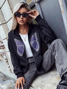 Áo hoodie ấm áp In bướm Thả vai Dây kéo - màu đen - Xem 6