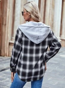 SHEIN LUNE 格子印花抽绳连帽女式衬衫，长袖上衣 - 黑與白 - 查看 2