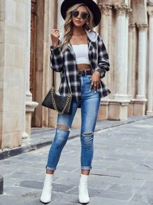 SHEIN LUNE 格子印花抽绳连帽女式衬衫，长袖上衣 - 黑與白 - 查看 3