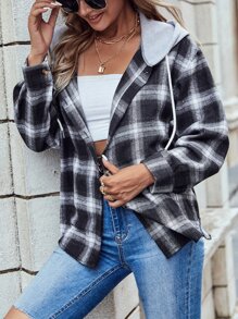 SHEIN LUNE 格子印花抽绳连帽女式衬衫，长袖上衣 - 黑與白 - 查看 5