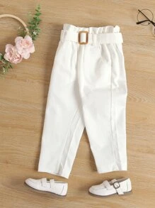 SHEIN 少女紙袋腰帶褲 - 白色 - 查看 1