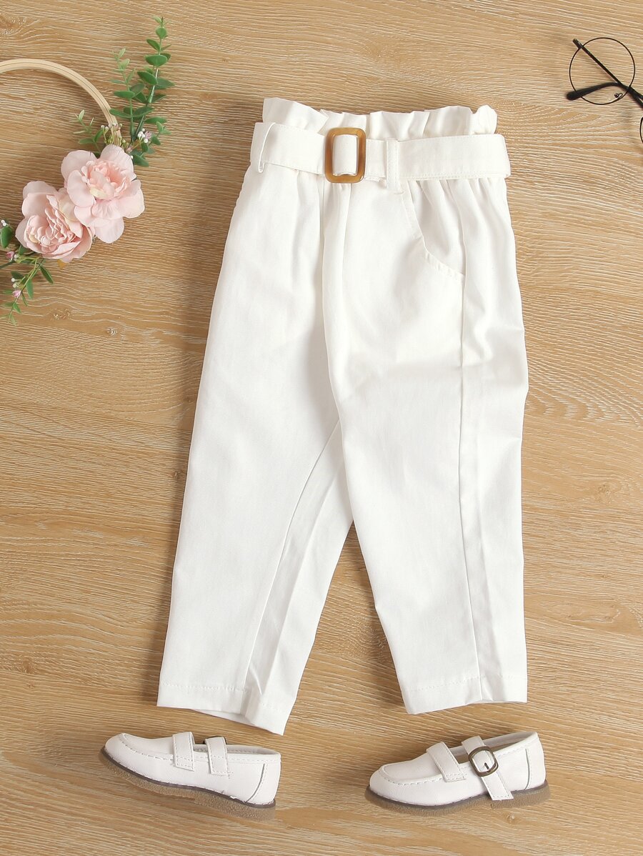 SHEIN 少女紙袋腰帶褲 - 白色 - 查看 1