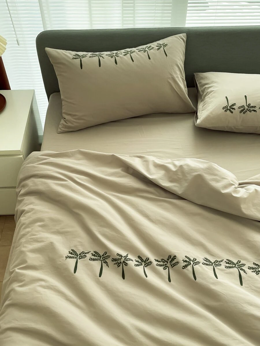 Tree Embroidery Duvet Cover Set Without Filler - Khaki - View 1